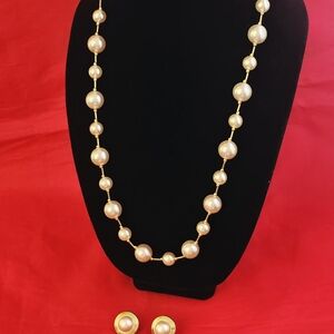 Vintage Set Trifari Gold and Cream Pearl 30" Necklace And Clip-on Earrings